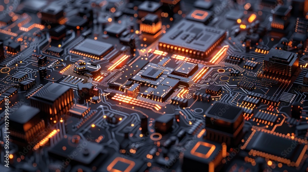 Close-up of a Circuit Board with Glowing Orange Lines Close-up of a Circuit Board with Glowing Orange Lines