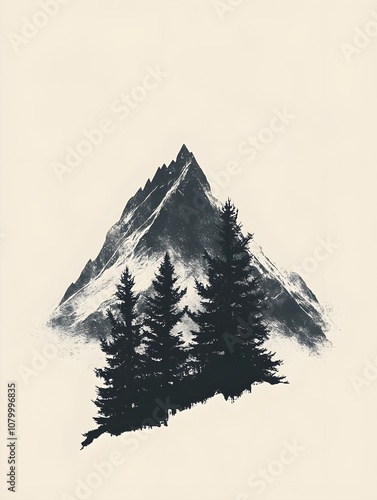 A single mountain peak with a pine tree next to it in black, set on a light grey background, with space for text at the bottom