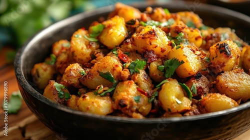 A delicious serving of spiced fried potatoes garnished with fresh herbs, perfect for a tasty meal or side dish.