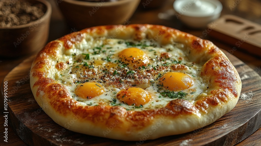 A deliciously baked pizza topped with fresh eggs, herbs, and a golden crust, perfect for a hearty meal or brunch. A deliciously baked pizza topped with fresh eggs, herbs, and a golden crust, perfect for a hearty meal or brunch.
