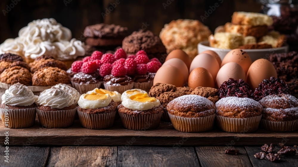 A variety of baked goods and ingredients on a wooden surface. A variety of baked goods and ingredients on a wooden surface.