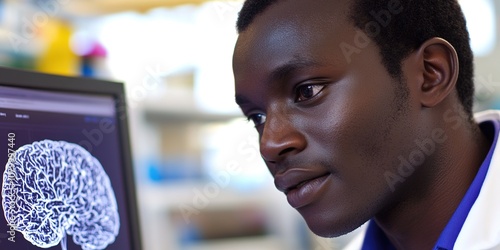  Background Highlighting Medical Research During Labor Day, Featuring a Close-Up of an African Scientist Examining Brain Scan Images on a Blurred Monitor in the Laboratory. This Scene Symbolizes Demen photo