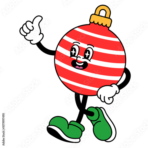 Red Christmas Ball Retro Cartoon Character Doing Thumps Up While Walking Illustration