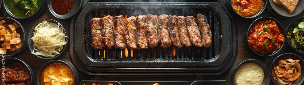 A mouthwatering spread of grilled meat surrounded by vibrant side dishes, perfect for food lovers and culinary enthusiasts. A mouthwatering spread of grilled meat surrounded by vibrant side dishes, perfect for food lovers and culinary enthusiasts.