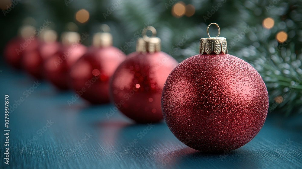 A row of sparkling red Christmas ornaments on a blue surface.