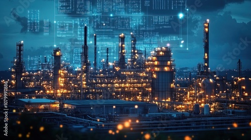 Wallpaper Mural Industrial Plant with Futuristic Data Overlay at Night Torontodigital.ca