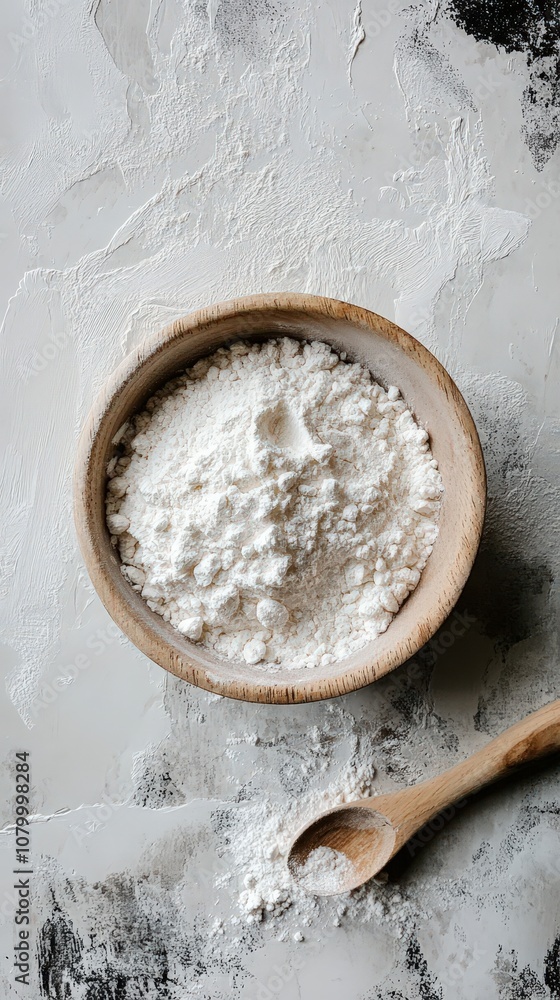 A rustic bowl filled with white flour, perfect for baking and cooking, surrounded by a clean, textured background. A rustic bowl filled with white flour, perfect for baking and cooking, surrounded by a clean, textured background.