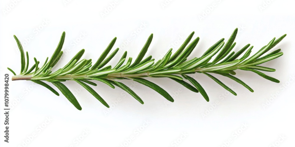 Fototapeta premium Rosemary plant branch with vibrant green leaves on white background in top-down view.