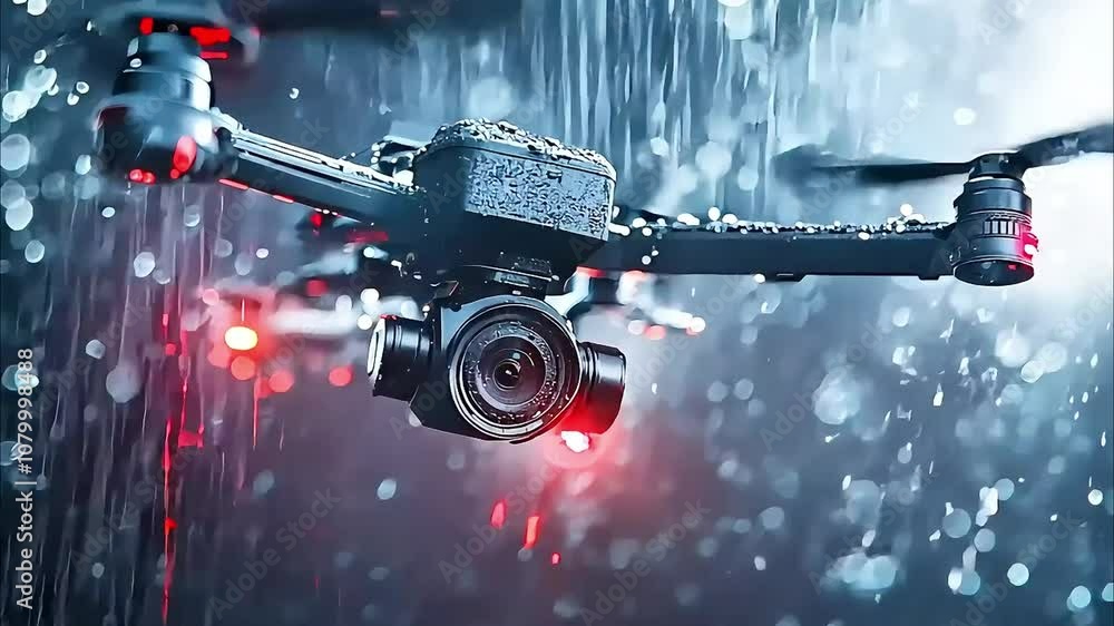 close-up video of raindrops beading on a drone's lens, as it flies through a storm. close-up video of raindrops beading on a drone's lens, as it flies through a storm.