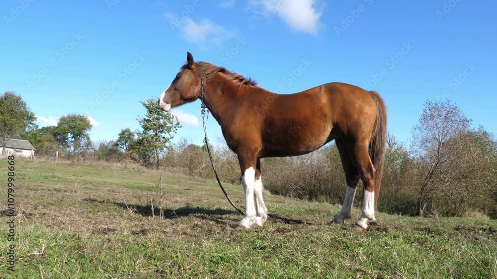 Horses graze in the field. Agriculture. Caring for horses. Horses graze in the field. Agriculture. Caring for horses.