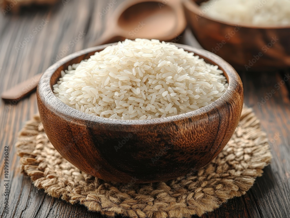 A rustic wooden bowl filled with uncooked white rice, set on a textured surface, evoking a cozy kitchen atmosphere.