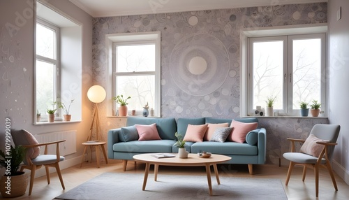 Wallpaper Mural Scandinavian living room interior design zoom background,Doodle patterned wallpaper graphics Torontodigital.ca