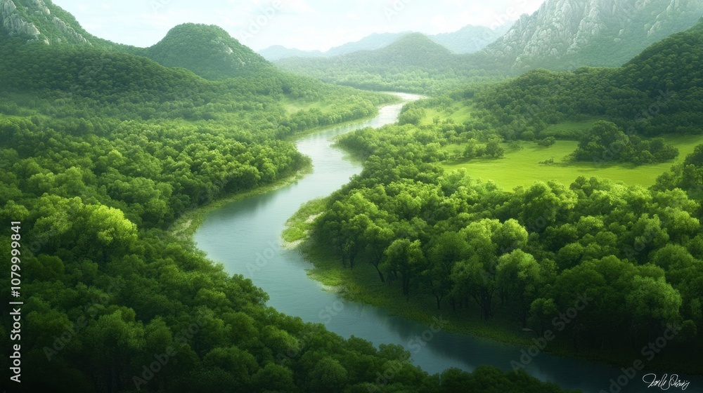 Lush green valley with a winding river surrounded by misty mountains, AI Lush green valley with a winding river surrounded by misty mountains, AI