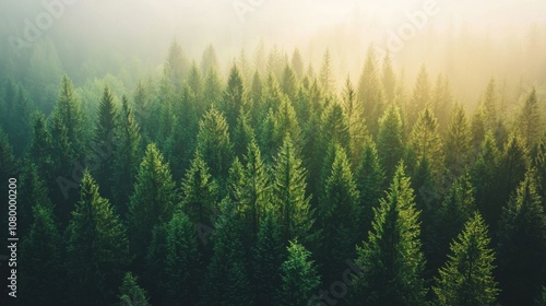 Lush Green Forest with Misty Atmosphere at Sunrise