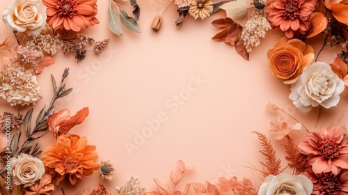 Autumn-themed floral flat lay with warm hues on light pink background evokes cozy autumn feeling.