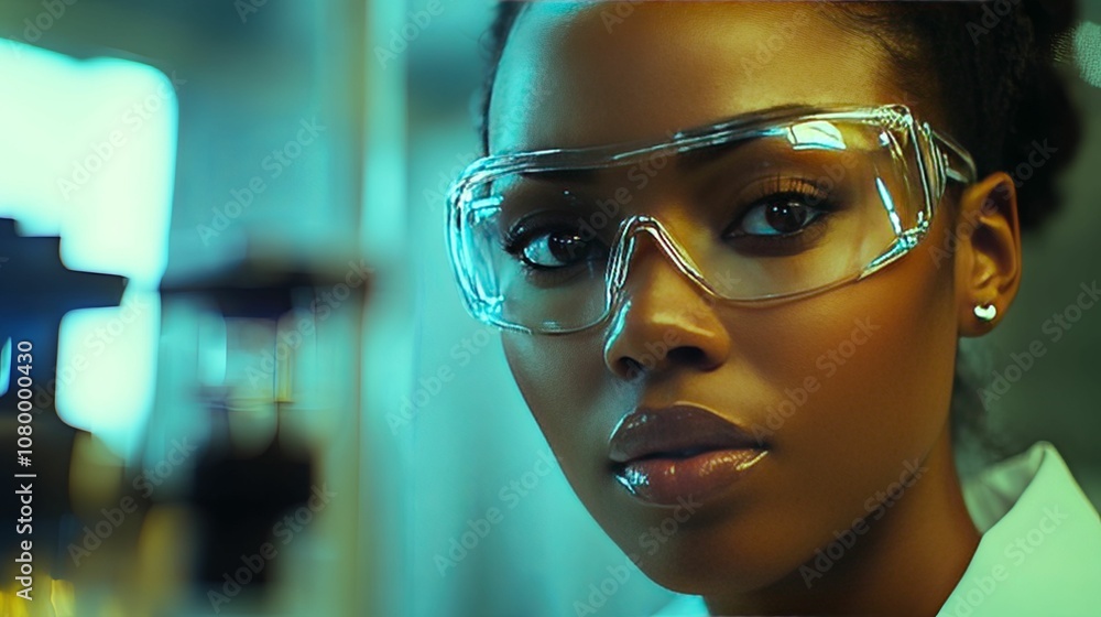 Close-up Portrait of a Woman Wearing Safety Glasses in a Lab Setting Close-up Portrait of a Woman Wearing Safety Glasses in a Lab Setting
