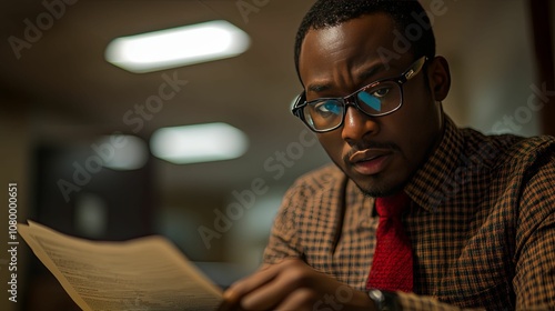 A Man in Glasses, Dressed in a Plaid Shirt and Tie, Looks Seriously at a Document