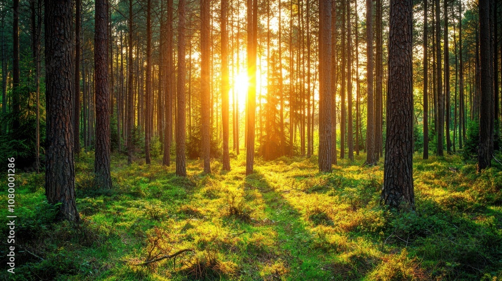 Obraz premium Serene Forest with Bright Sunlight Through Trees