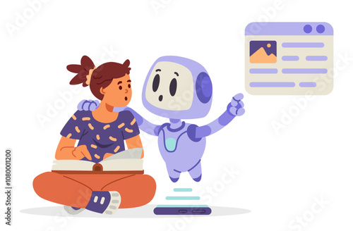Artificial intelligence in school education concept flat vector illustration isolated on white. Ai robot next to school girl explaining information from the book. 