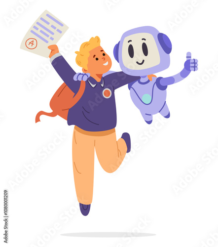 Happy school boy embracing Ai bot celebrating success in education. Artificial intelligence in education concept flat vector illustration isolated on white.