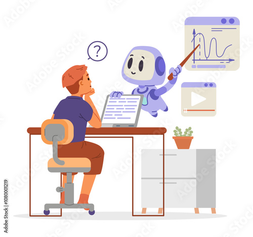 School boy sitting at table with laptop using Ai bot help while studying mathematics. Artificial intelligence in school education concept flat vector illustration isolated on white.