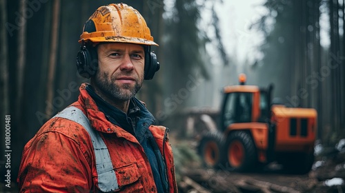 Lumberjack in the Woods with Mud-Stained Jacket and a Machine in the Background photo