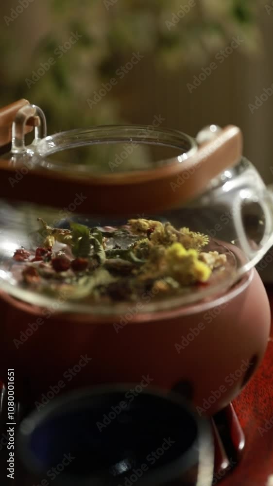 Herbal tea with flowers in a transparent teapot, steaming during a tea ceremony. Captures a soothing, aromatic moment perfect for themes of relaxation, tradition, and wellness. Herbal tea with flowers in a transparent teapot, steaming during a tea ceremony. Captures a soothing, aromatic moment perfect for themes of relaxation, tradition, and wellness.