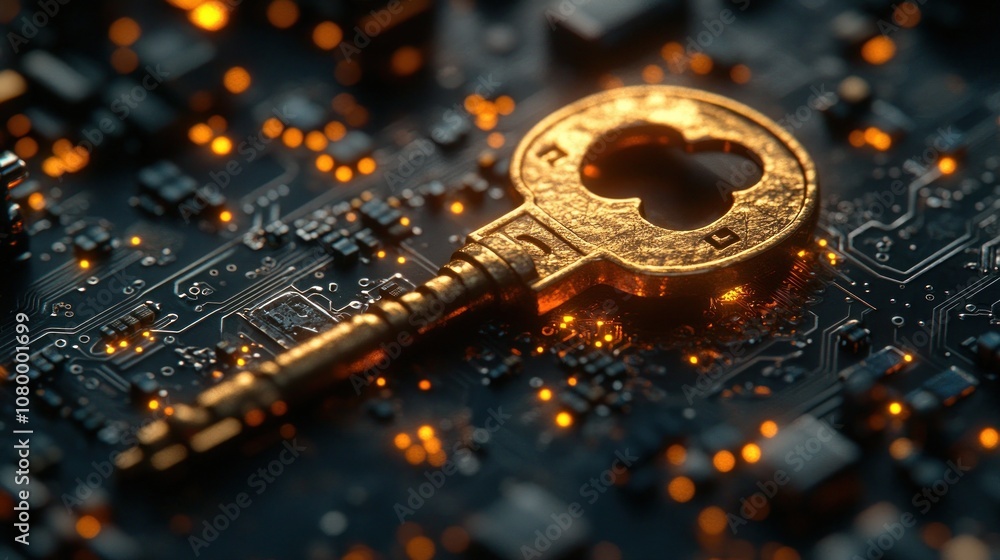 Fototapeta premium Old-fashioned key on an intricate circuit board surface