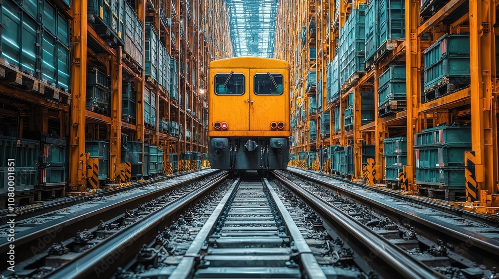 A yellow train positioned on tracks surrounded by storage containers in an industrial warehouse at midday A yellow train positioned on tracks surrounded by storage containers in an industrial warehouse at midday