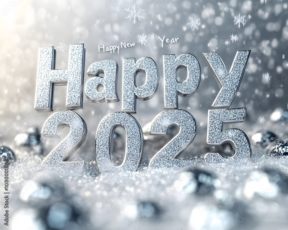 Celebrate the New Year with a sparkling display featuring the words 'Happy 2025.' A festive atmosphere with snowflakes and shimmering decorations enhances the joyful spirit. Celebrate the New Year with a sparkling display featuring the words 'Happy 2025.' A festive atmosphere with snowflakes and shimmering decorations enhances the joyful spirit.