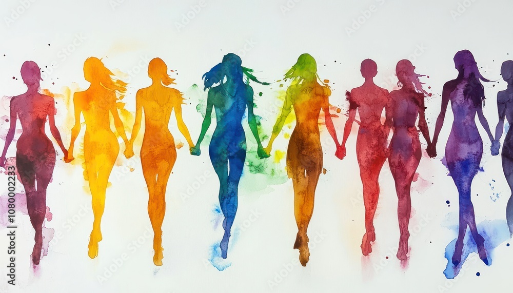A line of women in watercolor silhouettes, each in a different color of the rainbow, walking forward together. A line of women in watercolor silhouettes, each in a different color of the rainbow, walking forward together.
