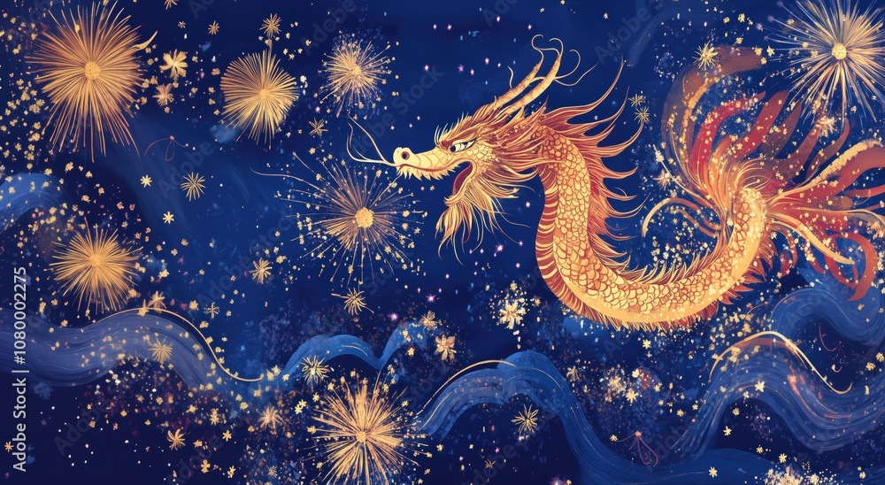 Dragon on a blue background with bright lights Dragon on a blue background with bright lights