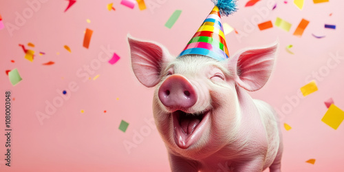 Joyful Pig Celebrates with Party Hat and Confetti on Pink Background