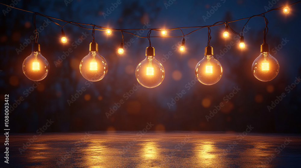 Warm Incandescent Bulb String on Outdoor Setting Warm Incandescent Bulb String on Outdoor Setting
