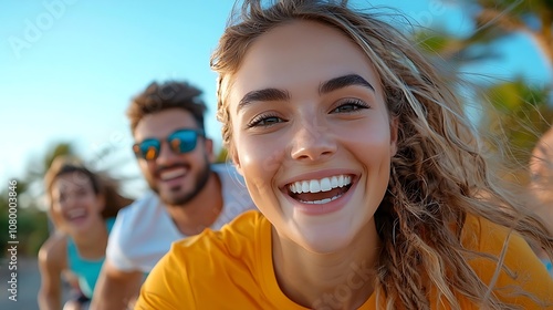 Portrait of a group of happy smiling friends enjoying a summer day outdoors in a beautiful natural setting with blue sky green trees and warm sunlight  The friends are expressing joy laughter photo