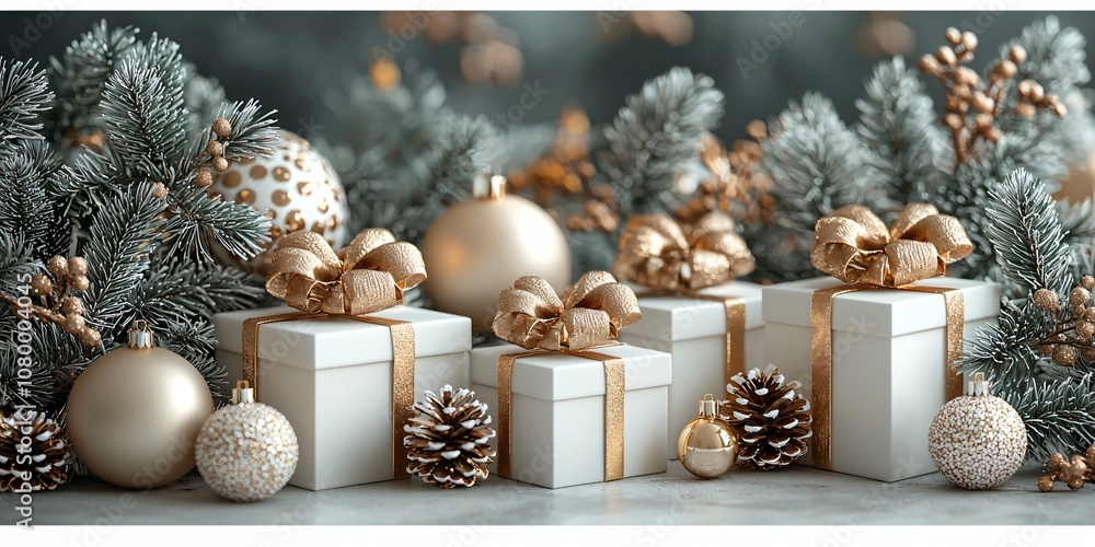 Elegant winter scene featuring white gift boxes with golden bows and decorative ornaments, ideal for holiday marketing, Christmas cards, and seasonal events. Elegant winter scene featuring white gift boxes with golden bows and decorative ornaments, ideal for holiday marketing, Christmas cards, and seasonal events.