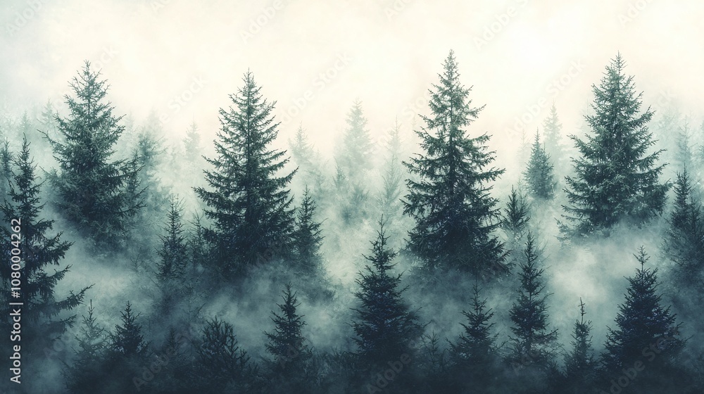 Misty evergreen forest showcasing a tranquil winter landscape. Ideal for holiday themes, winter campaigns, or serene nature backgrounds for relaxation. Misty evergreen forest showcasing a tranquil winter landscape. Ideal for holiday themes, winter campaigns, or serene nature backgrounds for relaxation.