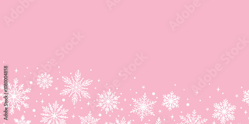 Pastel pink winter background with snowflakes, vector snow banner or frame design, cute girly wallpaper template