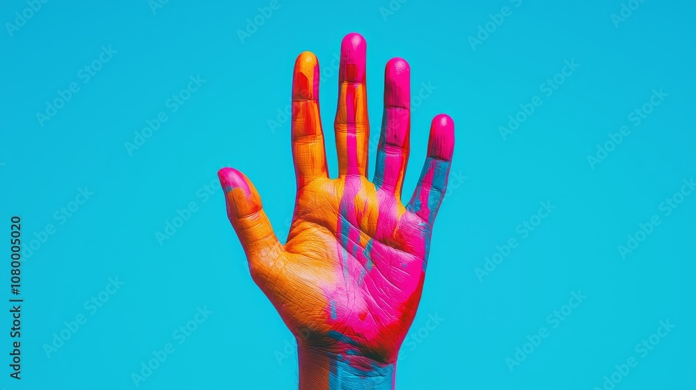 Vibrant, giant hand reaching from sky symbolizing creative power shaping world. Vibrant, giant hand reaching from sky symbolizing creative power shaping world.