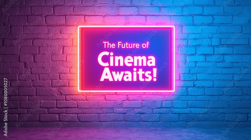 Obraz premium Futuristic flyer featuring holographic movie tickets, neon-lit design, slogan 