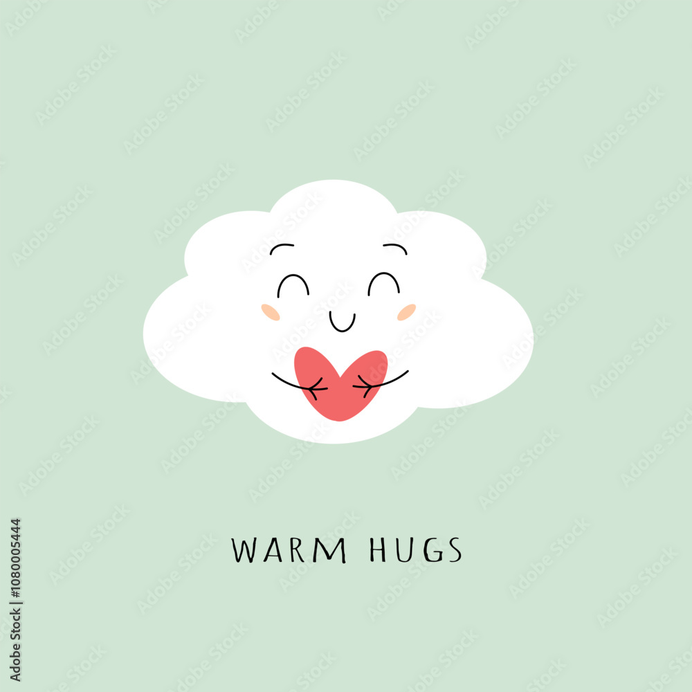 Warm hugs. Cute cloud character hugging heart. Minimalistic postcard, greeting card. Flat vector illustration Warm hugs. Cute cloud character hugging heart. Minimalistic postcard, greeting card. Flat vector illustration