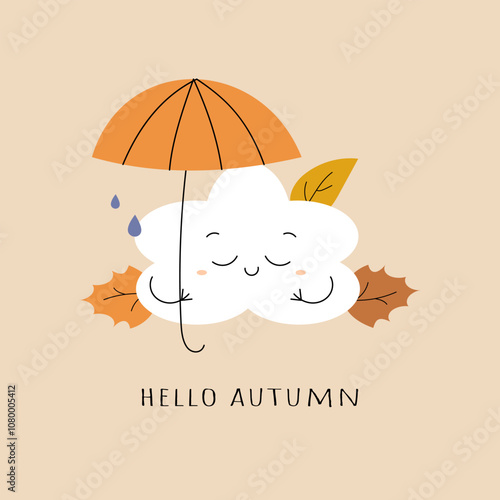 Hello autumn. Cute cloud character with umbrella and autumn leaves. Minimalistic postcard, greeting card. Flat vector illustration