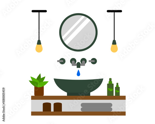Illustration of a modern bathroom sink with a basin, mirror, towel, soap, stylish faucet, and minimalist vanity for home or interior design concepts for washing hand and face