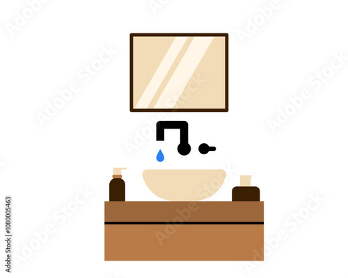 Illustration of a modern bathroom sink with a basin, mirror, towel, soap, stylish faucet, and minimalist vanity for home or interior design concepts for washing hand and face