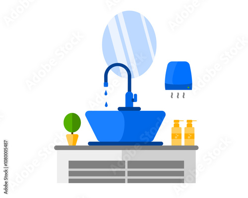 Illustration of a modern bathroom sink with a basin, mirror, towel, soap, stylish faucet, and minimalist vanity for home or interior design concepts for washing hand and face