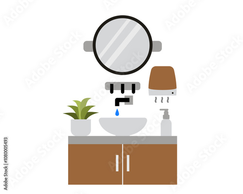 Illustration of a modern bathroom sink with a basin, mirror, towel, soap, stylish faucet, and minimalist vanity for home or interior design concepts for washing hand and face