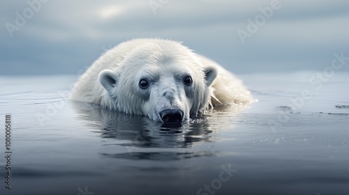 A polar bear swims in the icy blue water, its face peering out from the surface. It's a powerful and majestic creature, perfectly adapted to its environment.