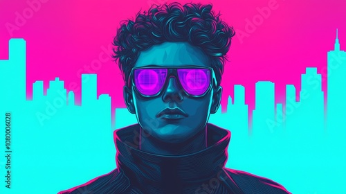 Neon Comic-Con poster with cyberpunk characters, cityscapes, glitch effects, holographic elements