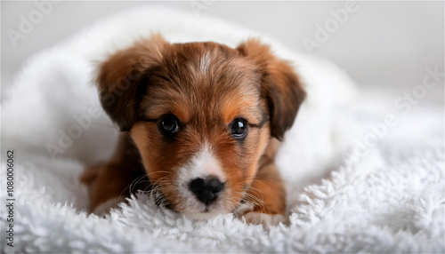 A cute little puppy on a white blanket, a picture of a dog's cute moment photo