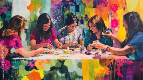 Five women paint and laugh together around a colorful table.